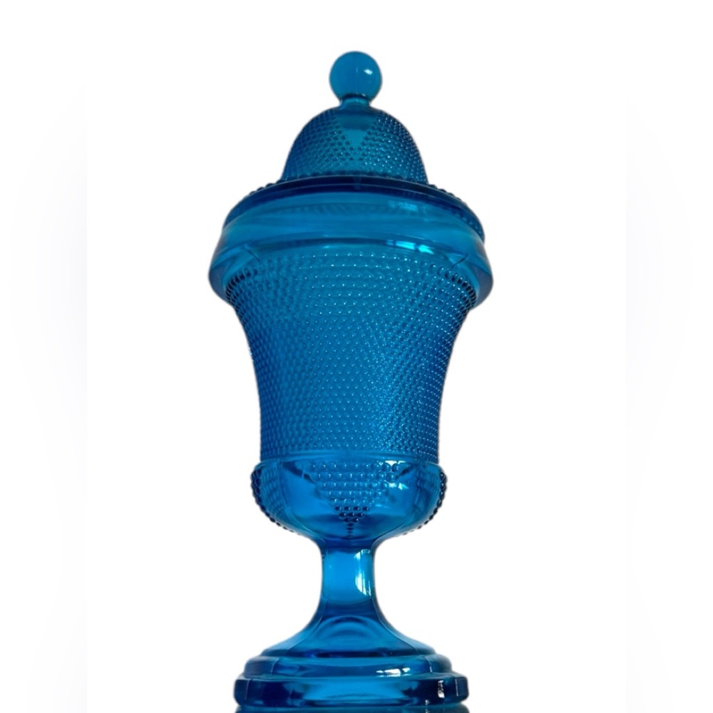 Vintage L.E. smith turquoise blue footed apothecary jar with lid